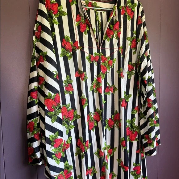 Vintage 70s Strawberry Stripe Maxi Dress – Long Sleeve Fruit Print Slip - Picture 7 of 7